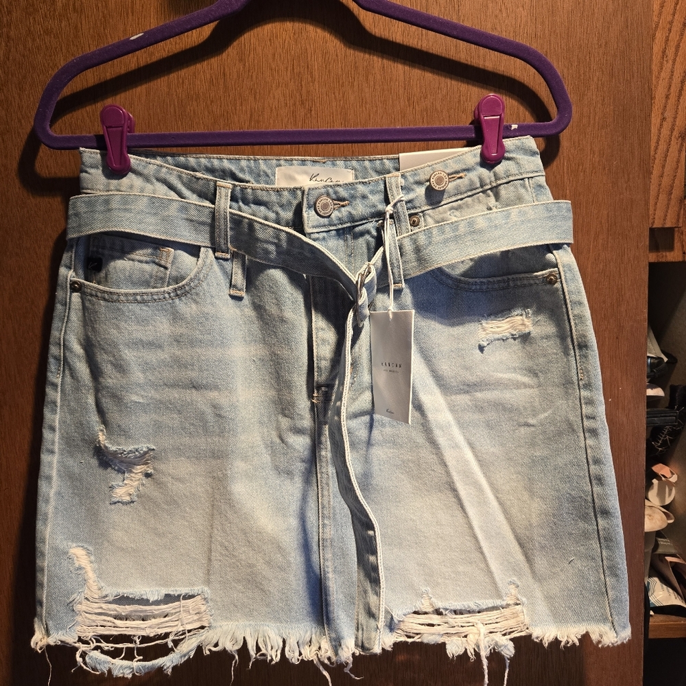 KanCan Light Blue Distressed Mini Skirt